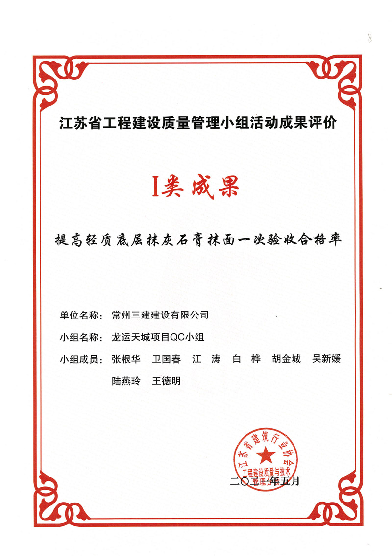 2021省工程建设质量管理小组活动I类成果（提高轻质底层抹灰石膏抹面一次验收合格率）
