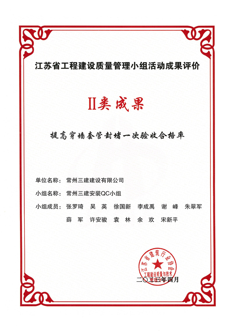 2023省工程建设质量管理小组活动I类成果（提高穿墙套管封堵一次验收合格率）